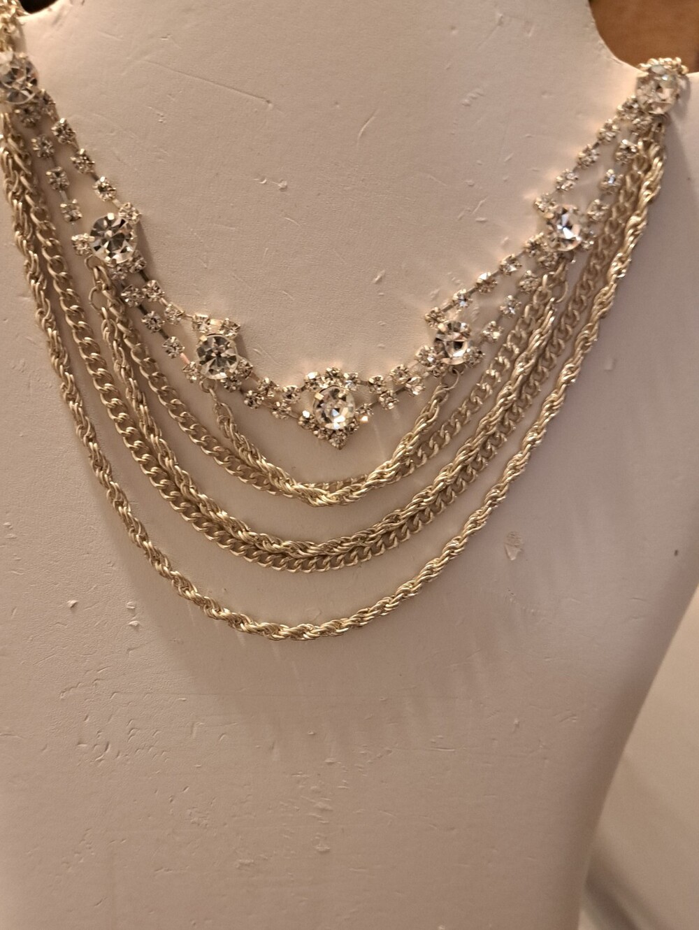 Gold-Tone Multi-Layer Crystal Chain Necklace - Elegant Statement